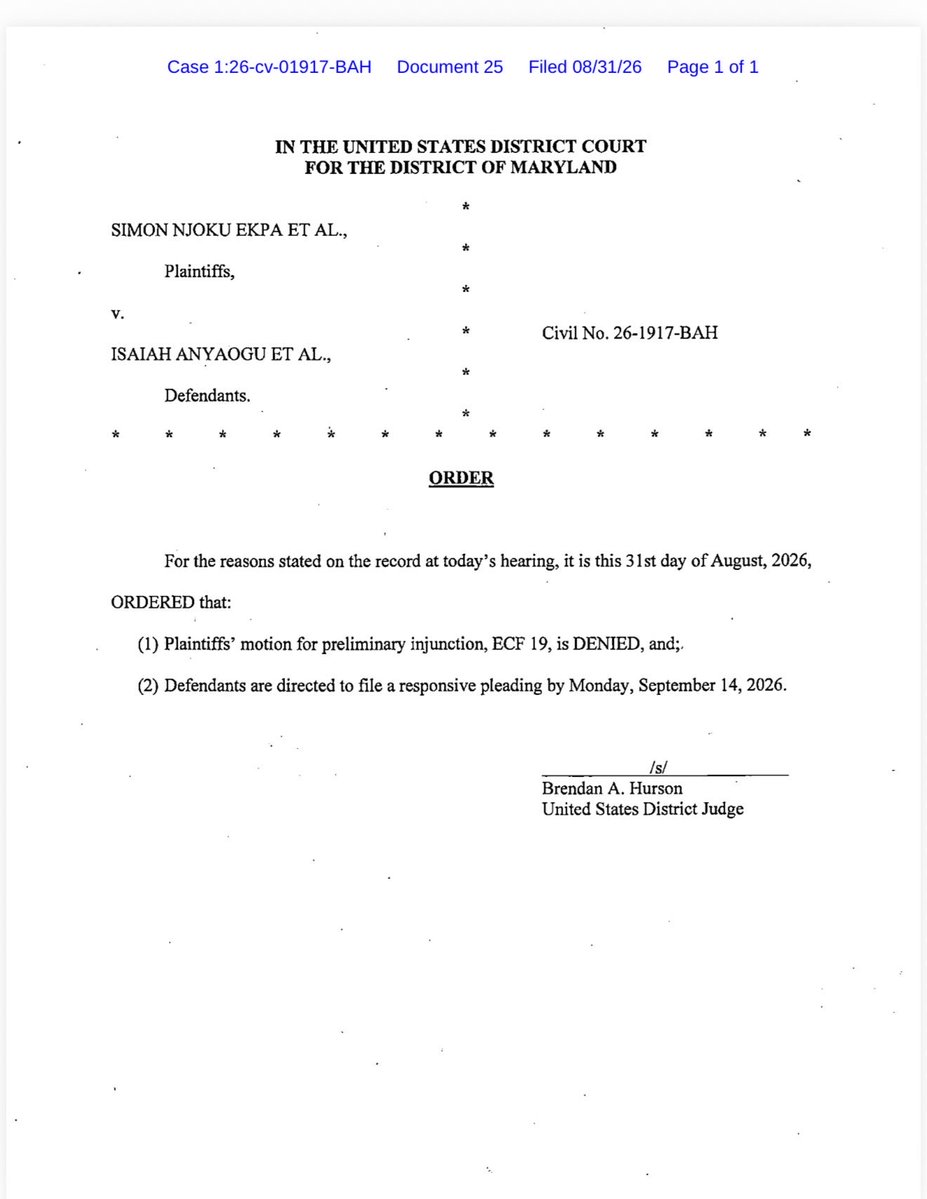 ngoziora's tweet photo. Date: September 2, 2026

FOR IMMEDIATE RELEASE*

RE: FRAUDULENT DC FILING 1:26-cv-01917-BAH USING DETAINED PM'S NAME — DISSOLVED CRC HAS NO STANDING

The public and the Court are hereby notified regarding case *1:26-cv-01917-BAH* filed in DC/Maryland.

1. DISSOLVED CRC HAS NO STANDING

The dissolved CRC headed by Emma Maduabum (video) that elected Oge Nkere as APM has been dissolved by a legally, officially constituted BRGIE Cabinet meeting in November 2024 (see video of dissolution of CRC by majority cabinet vote). A dissolved entity has no legal personality and cannot sue, cannot claim assets, and cannot claim to represent BRGIE or USB in any court in DC or Maryland.

ALL THE PARTIES IN THIS CASE  (except PMs name illegally attached ) ARE FRAUD, DECEIT,  AND ILLEGAL (Emma Maduabum,Ogechukwu Nkere, Elias illegally constituted and elected Ogechukwu Nkere as their APM after dissolution).

It is ridiculous that this same dissolved CRC will now be fighting for BRGIE in court. BRGIE (Biafra Republic Government In Exile) has completed its mandate and has transformed into the United States of Biafra following the Self-Referendum (February 2024 - November 2024) and the Lahti Declaration of November 29, 2024. BRGIE no longer exists as a separate entity.

2. WHO FILED THE CASE

Case 1:26-cv-01917-BAH was NOT filed by the United States of Biafra Government.

It was filed by *Chioma Okeoma*, who has been attacking USB Government while pretending to be standing with PM Simon Ekpa in Finland with the red tie (excerpts attached). The filing uses the name of Ogechukwu  Nkere (defendant) and Elias.

It is stunning why only Simon Ekpas name et al. Is flying on social media while the real culprit Chioma Okeomas name is not even with their own press releases. 

The United States of Biafra Government is NOT a party to this case. Any such case claiming to fight for BRGIE will only succeed if USB itself is involved. As it stands, this filing is fraudulent impersonation and should be disregarded.

3. WARNING IGNORED — USE OF DETAINED PM'S NAME

I warned them to remove PM Simon Ekpa's name from the lawsuit as he is in detention in Finland and cannot authorize any lawsuit, but they refused.

Under US law, you cannot use a detained person's name to file a lawsuit without his written authorization and his lawyers' consent.

4. URGENT CONCERN — ATTEMPT TO IMPLICATE AND PUNISH THE PM

They want to implicate the PM whom Oge Nkere, the defendant, and Elias have been targeting.

I am concerned that they may all be working together to punish PM Simon Ekpa and to liquidate him and his organization while he is defenseless in detention.

The continued use of PM's name in this US case without his consent, after warning, appears to be a deliberate attempt to implicate him in litigation he did not authorize.

I call on all relevant authorities, the Finnish detention facility, the DC Court clerk, and Biafrans worldwide to note that *no filing using PM Simon Ekpa's name in case 1:26-cv-01917-BAH is authorized by him or by the legitimate USB Government.

The legitimate USB Government did not authorize this filing and does not authorize use of PM's name.

Signed,

Dr. Ngozi Orabueze
Deputy Prime Minister
United States of Biafra /Chief of Staff Biafra Republic Government in Exile/ Government in Homeland

@MobilePunch @WalidPhares @realDonaldTrump @StateDept @jihadwatchRS @tedcruz @Refugees @UNHumanRights @channel @ARISEtv @BBCBreaking @DailyPostNGR @daily_trust @AbamakeX @yleuutiset @Huuhkajat @FBIDirectorKash @FBI @CIA @GunterFehlinger @INTERPOL_HQ @amnesty @HURIWA_NIGERIA
