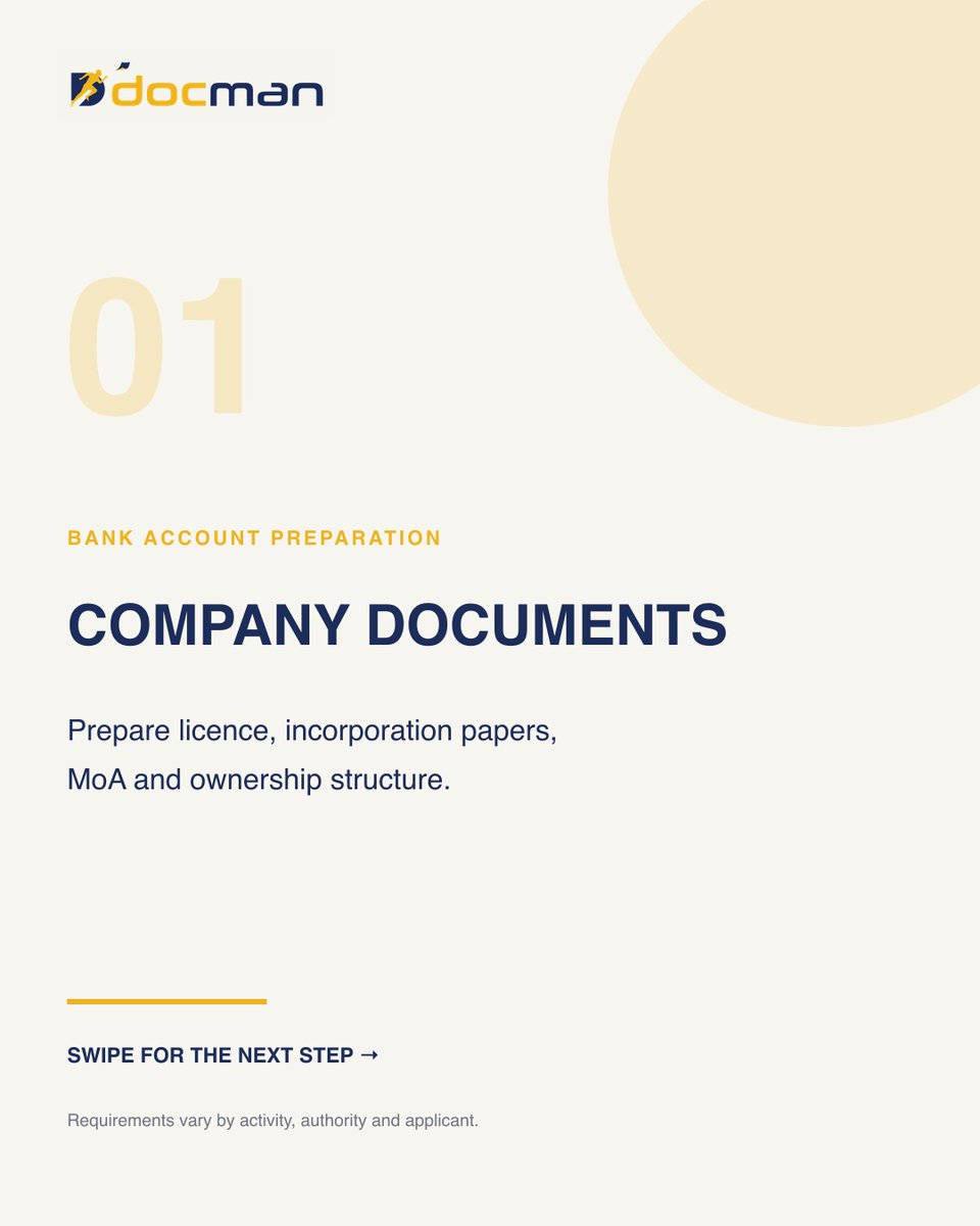 TLVbarreto's tweet photo. A stronger UAE business bank account application starts before submission. Prepare company documents, owner details, business evidence, and a consistent financial profile. Approval remains subject to each bank’s compliance review. Speak with Docman. https://t.co/dMXQx1ofaA