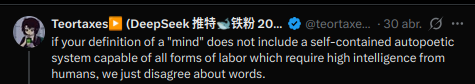 chamandlomas's tweet photo. @teortaxesTex Doesn't hold up to your own words. Maybe back on april you didn't understand what autopoiesis entails and implies. But now I don't get why it's so hard for you to just say: "yep, LLM's are allopoietic thus won't have minds" https://t.co/8ca5TNFqYq