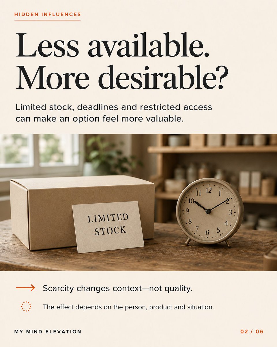 mymindelevation's tweet photo. Would you still want it if it weren’t almost gone?

Scarcity can make something feel more valuable without making it better. Pause, check the claim, and return to what you actually need.

Full article: link in bio.

#ScarcityEffect #MyMindElevation https://t.co/8bLaVL8kMG