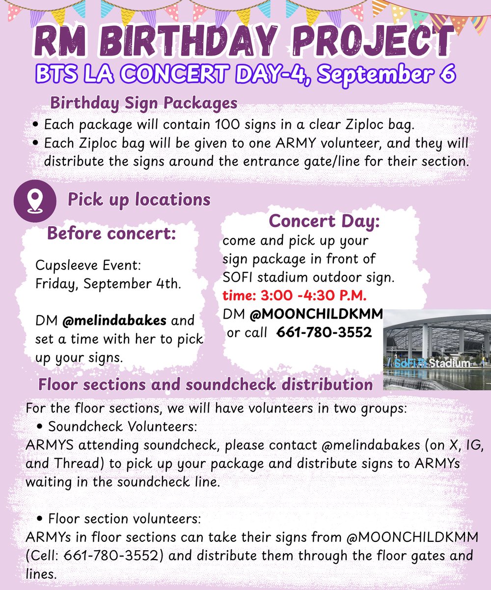 RMMoonchild101's tweet photo. DEAR LA ARMY‼️‼️‼️🆘🆘

If you’re attending BTS D-4 on September 6th, and you are not already in our gcs and our lists and can show up at the mentioned time &amp; location to pick up signs, we need your help! 🥹💜

Please reply to this post ASAP. https://t.co/jORuR5Aegt