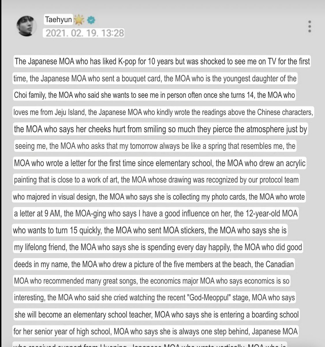 astrozzn's tweet photo. Taehyun is going viral on the k-side because of this message he wrote on weverse where he read A TON of moas hand written letters and wrote them a letter back by addressing something unique they said in each letter and he should go viral everywhere for it 🥹 https://t.co/wKVjgiA1QR
