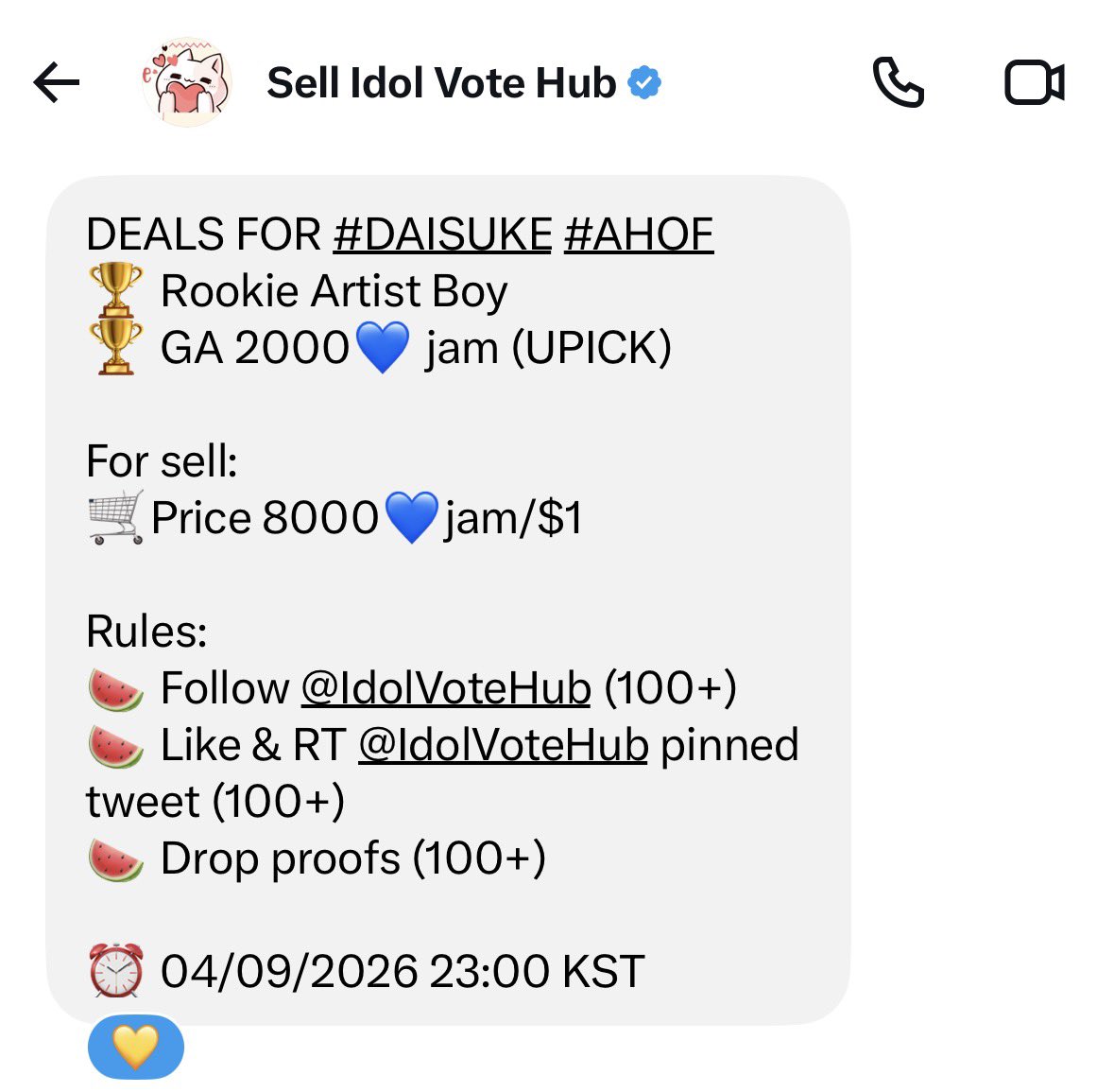 daisukevst's tweet photo. RT DEALS FOR #DAISUKE #AHOF
🏆 Rookie Artist Boy
🏆 GA 2000💙 jam (UPICK) 

For sell: 
🛒Price 8000💙jam/$1

Rules:
🍉 Follow @IdolVoteHub (100+) 
🍉 Like & RT @IdolVoteHub pinned tweet (100+)
🍉 Drop proofs (100+)

⏰ 04/09/2026 23:00 KST

#DAISUKE #다이스케
#AHOF #아홉