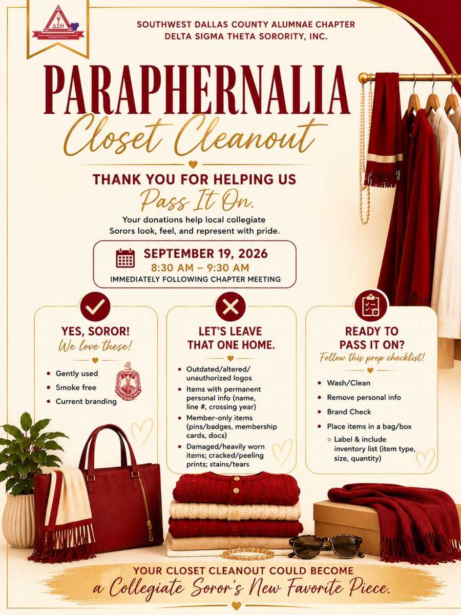 SWDCA_DST's tweet photo. ๐บ Sorors! Project A.C.E. Closet Cleanout ๐ Sept 19 | ๐ Dallas College Cedar Valley, Bldg N | ๐ 8:30โ9:30AM & after meeting. Donate gently used para, jewelry, accessories & more. โค๏ธ Supports collegiate Sorors in DFW. #SWDCA #ProjectACE https://t.co/WhHTii2ImM