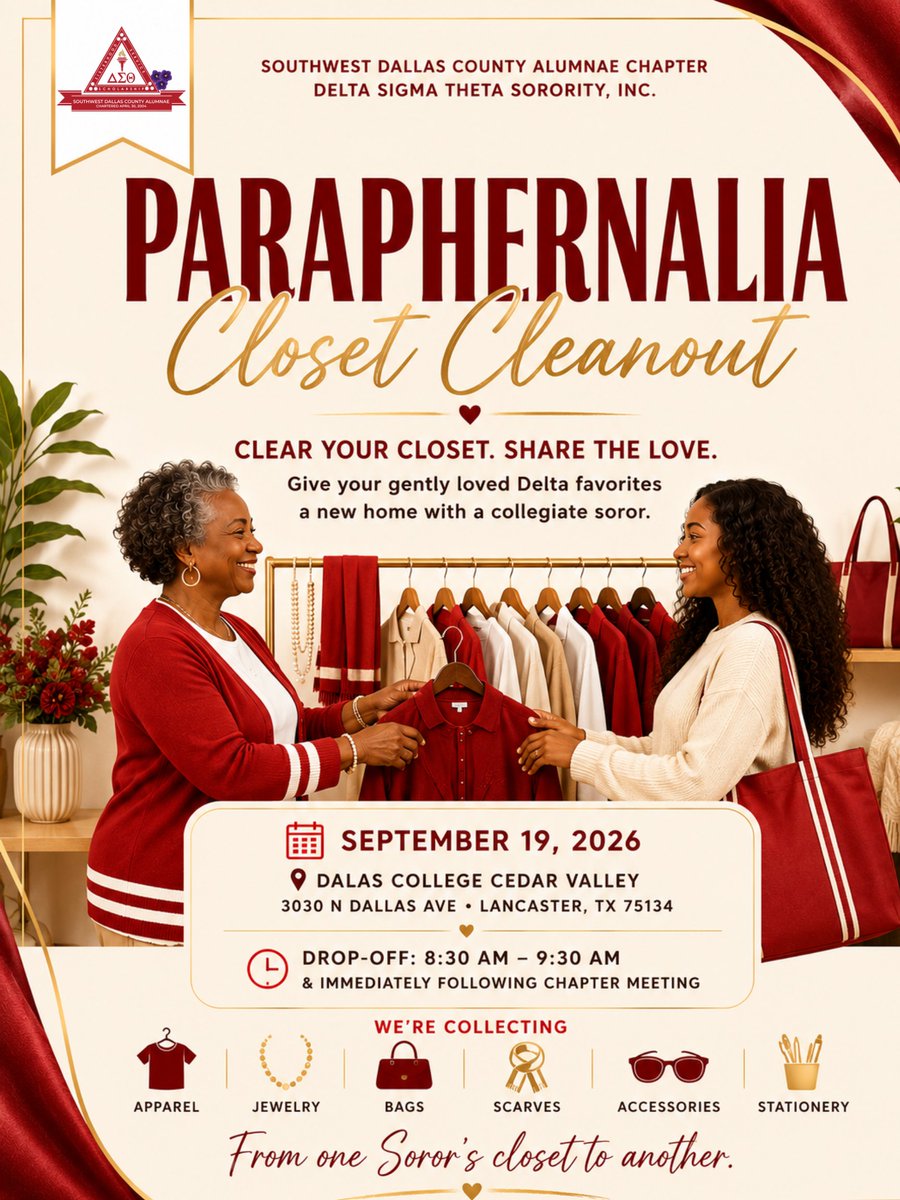 SWDCA_DST's tweet photo. ๐บ Sorors! Project A.C.E. Closet Cleanout ๐ Sept 19 | ๐ Dallas College Cedar Valley, Bldg N | ๐ 8:30โ9:30AM & after meeting. Donate gently used para, jewelry, accessories & more. โค๏ธ Supports collegiate Sorors in DFW. #SWDCA #ProjectACE https://t.co/WhHTii2ImM