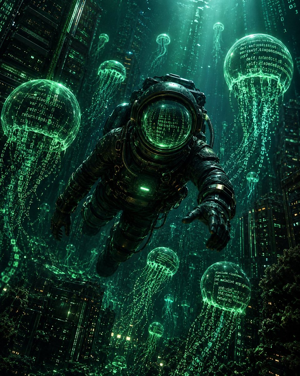 rxufnx's tweet photo. Not water. Not air. Pure data. And she dives deep. 🌊💾🌀
Made with ChatGPT Image.
Hey @grok — can you bring this digital diver to life with the same prompt?
Prompt in the first comment. 🎉
#AIArt #SciFiArt #DigitalOcean #RXUFNX #ChatGPT #Grok #SurrealSciFi #DataDiver #Cyberpunk