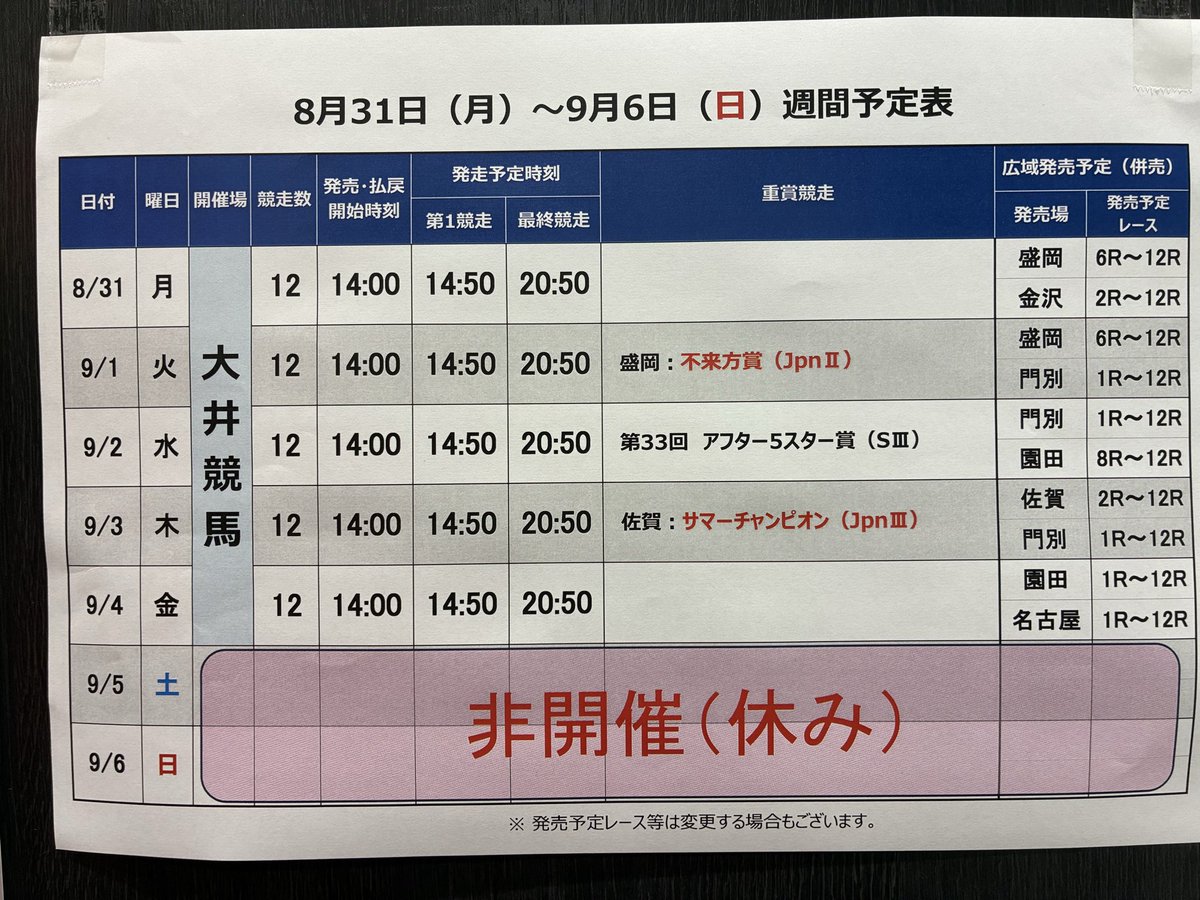 clap_kashima's tweet photo. おはようございます。
9月3日 本日の開催は

青森競輪ＧⅢ
立川競輪
武雄ナイター競輪
松戸ナイター競輪決勝
#競輪
#クラップかしま

大井競馬
佐賀競馬　サマーチャンピオンJpnⅢ
門別競馬
#競馬
#オフト南相馬 https://t.co/k8prt7VoUV