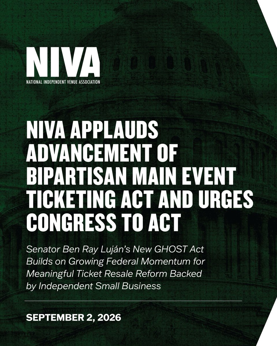 nivassoc's tweet photo. Bipartisan ticketing reform is moving forward.

We thank @MarshaBlackburn, @SenatorLujan, @RepHarshbarger, and @RepTroyCarter for leading the MAIN Event Ticketing Act — and Sen. Luján for introducing the GHOST Act.

Protect fans and indie stages.

Release: https://t.co/Ceifhyk9DD https://t.co/RZOzGldN3r