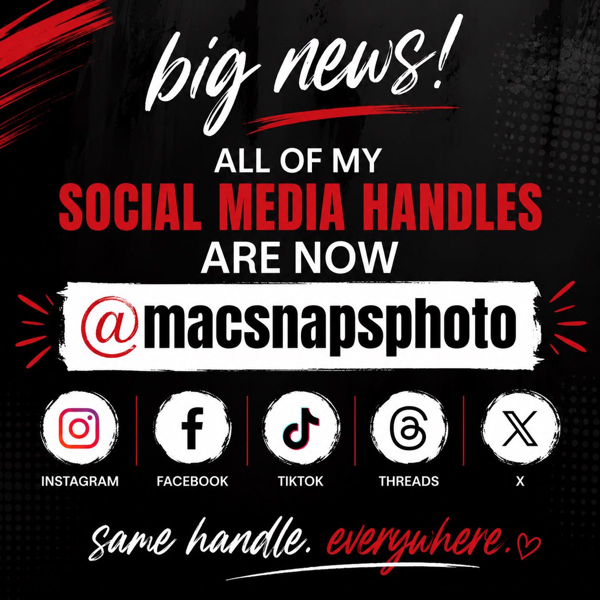 MacSnapsPhoto's tweet photo. BIG NEWS. 
MacSnaps is officially **@macsnapsphoto EVERYWHERE.**
Instagram. Facebook. TikTok. Threads. X.
One handle. No confusion. 
Just search **@macsnapsphoto** and you’ll find me.
Same MacSnaps. Same passion. Same great images you know and love. 
**One handle. Everywhere.** https://t.co/Q0xrvh7B0v
