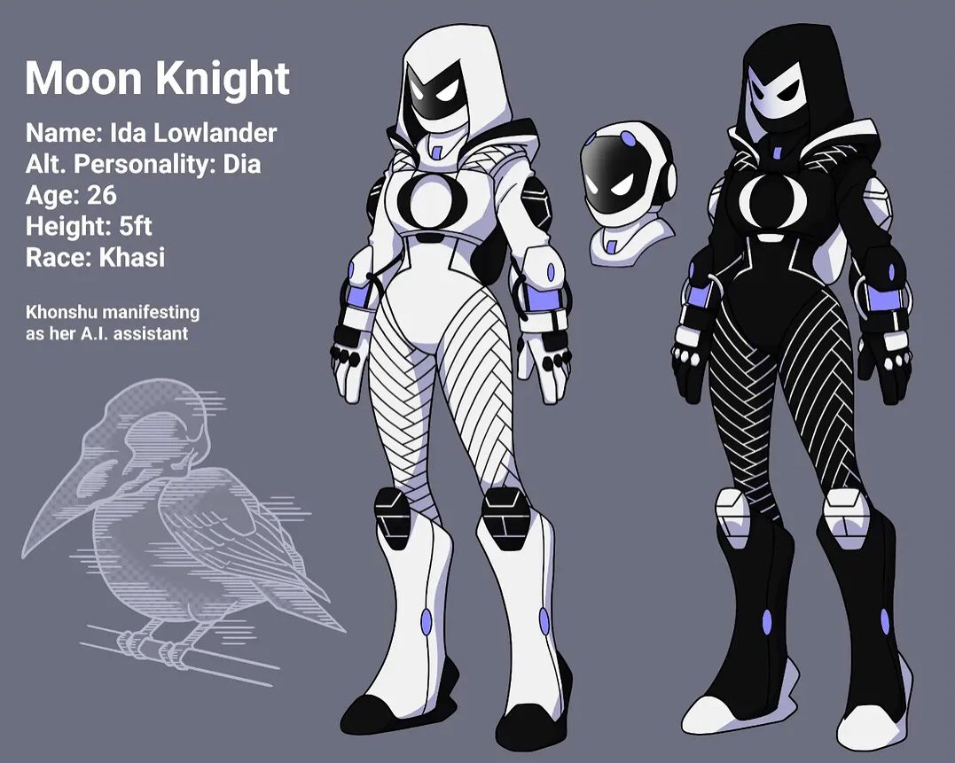 Ravellezf's tweet photo. moon knight redesign 🌙 ida lowlander &amp; dia, featuring khonshu as an a.i. assistant holographic bird. light mode vs. dark mode.

#moonknight #marveloc #characterdesign #characterrefsheet #ocdesign #khonshu #digitalart #conceptart #characterconcept #costumedesign https://t.co/56nwGQMMPO