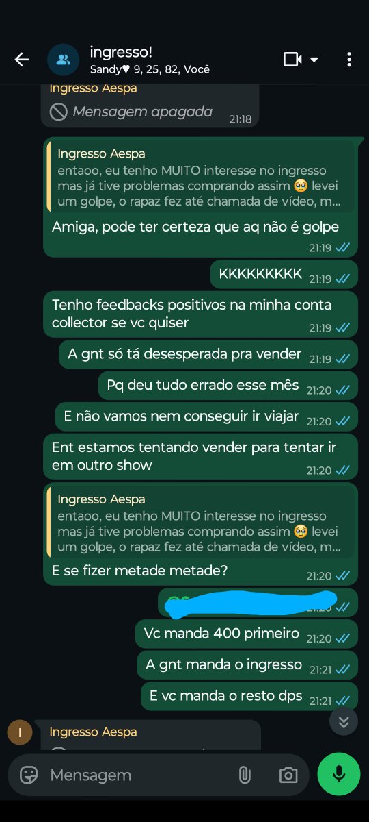 iloveyeonjunu's tweet photo. oii gente, vim por meio desse post denunciar a @/mafalune, que deu um golpe em mim e em uma amiga minha! Nós estávamos vendendo ingressos pro show do aespa, e ela mandou mensagem demonstrando interesse (segue imagens abaixo). Então criamos um grupo no whatsapp para fazer a + https://t.co/ZAYRPfCYAL