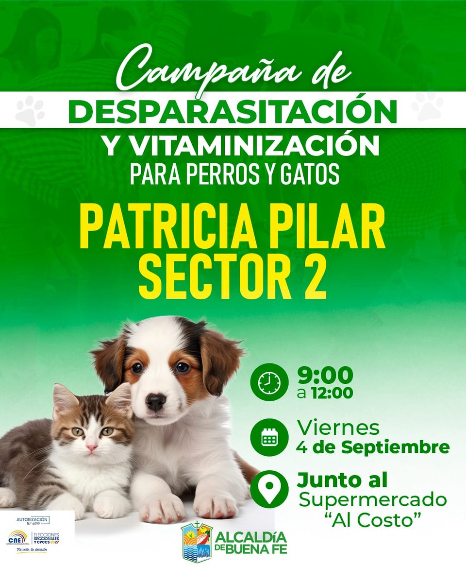noticiasru593's tweet photo. 🚨 ATENTOS 🚨 

🟢🟡⚪️|CAMPAÑA DE DESPARASITACIÓN Y VITAMINIZACIÓN PARA PERROS Y GATOS 🐶🦊

📍PATRICIA PILAR sector 2.
Junto al supermercado AL COSTO.
🗓 Viernes 04 de septiembre 
🕘 09h00 a 12h00

Cuidemos la salud de nuestras mascotas.
¡Los esperamos!

#AlcaldíaDeBuenaFe https://t.co/C4q4WojyFh