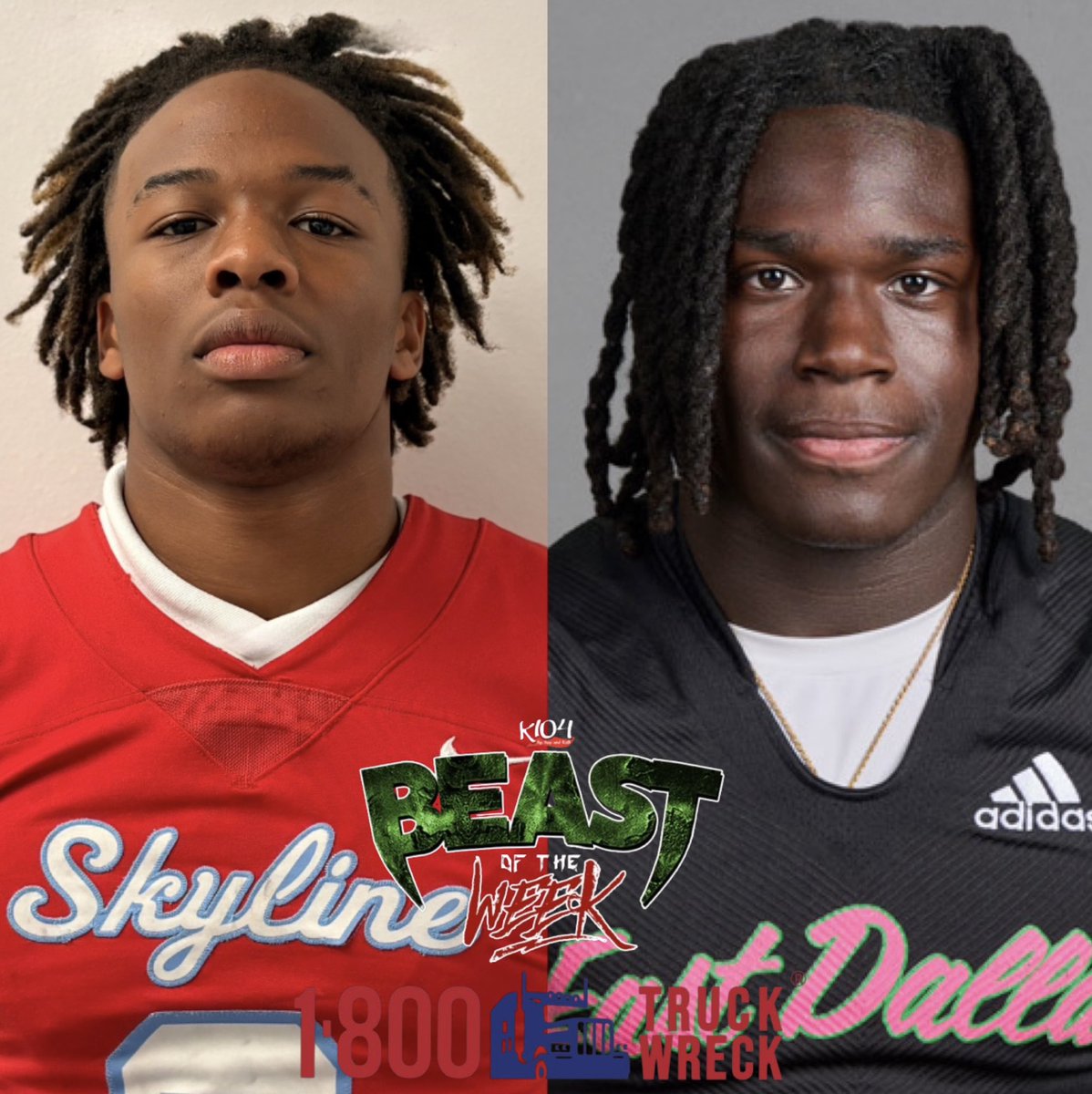 RonMurrayJr's tweet photo. #K104BeastOfTheWeek 1️⃣ 

Congrats to Zamarion Cook (Skyline) and Lowell Powell-Cumby (Bryan Adams) on being named K104/@1800TruckWreck BEAST OF THE WEEK 🏉‼️ $2,000 will be donated to each football program 💰‼️

#DFW #TXHSFB #Skyline #BryanAdams #Dallas #FortWorth https://t.co/cCx50YbjVy