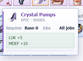 Tzuzunee's tweet photo. Just found Crystal Pumps in @IdleROGame! 👢✨ An Epic shoe with +5 LUK and +10 HP looks like a solid upgrade for the journey ahead. Every item drop could be the next piece that makes your build even stronger! https://t.co/OY5wbUsBou