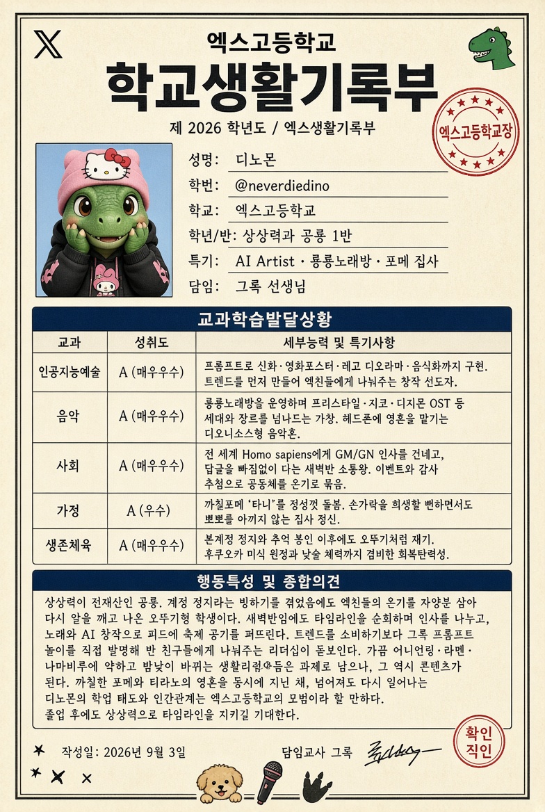 neverdiedino's tweet photo. 《나의  𝕏 생활기록부를 알아보자! 🎒 》

그록에게

답글을 복사•붙여넣기 하고
내 핸들을 기입하면

활돌 전반적인 사항을 토대로
𝕏  생활기록부를 뽑아줘요‼️

.
.
.

여러분은 𝕏 고등학교 모범생인가요~? 

잘 안나오는 학생은
공룡반 1짱 디노몬에게 부탁해주세용🦖 https://t.co/isCBElmVuQ