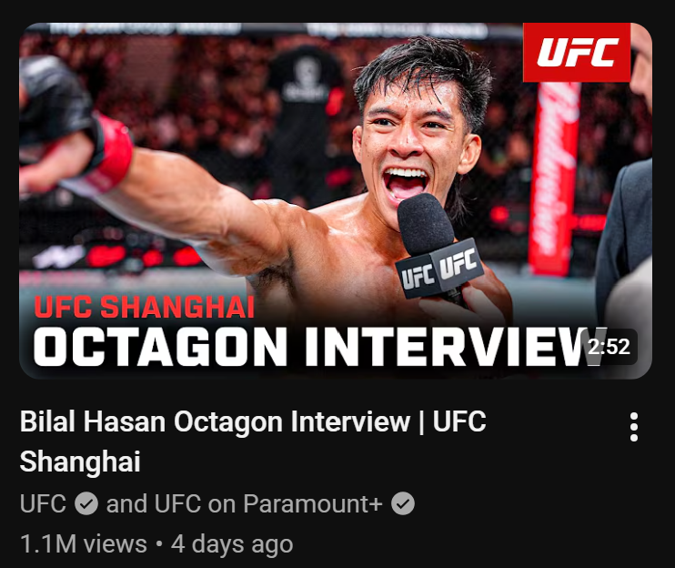 sitoslimy5's tweet photo. Bilal Hasan's post fight interview has already over 1M+ views, for comparision Song Yadong's is currently at 600k. 

Future star in the making. https://t.co/nVTBgbNzOn