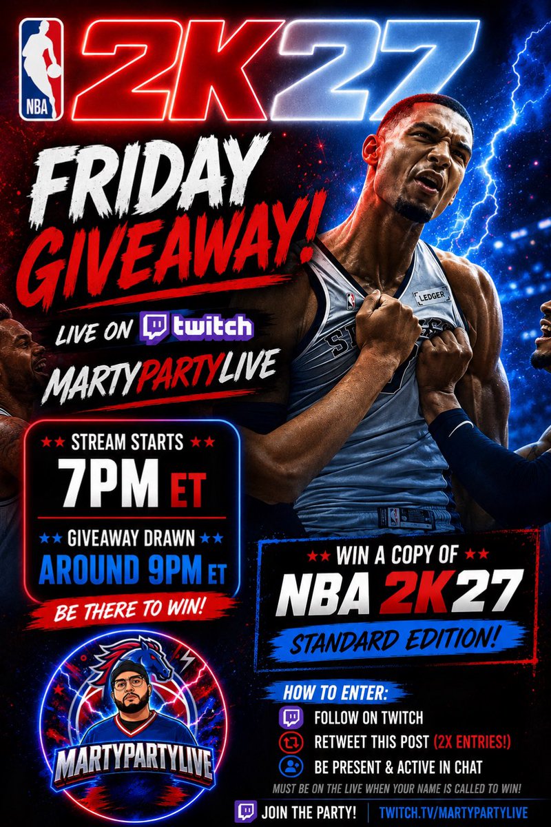 martypartylive's tweet photo. 🚨 FRIDAY GIVEAWAY!!! 🚨

Don’t have #NBA2K27 yet?! 👀

I GOT YOU!!

This Friday I’m giving away a STANDARD EDITION COPY OF NBA 2K27! 🔥🔥🔥

🏀 Winner will be picked LIVE on Twitch
🎮 FREE copy of #NBA2K27 Standard Edition
🔥 Pull up, catch a vibe & maybe leave with the game!

HOW TO ENTER:
🔁 RETWEET this post
💜 FOLLOW me on Twitch: https://t.co/Luv9BA8aPE
👀 You MUST be in the live when your name is called to win!

📅 FRIDAY
⏰ Live starts at 7PM ET
🎁 Winner drawn around 9PM ET

Already have the game? RETWEET IT ANYWAY! Somebody on your timeline might not! 💯

LET’S HAVE ANOTHER BIG FRIDAY!! 

#NBA2K27 #Giveaway #Twitch #2KCommunity