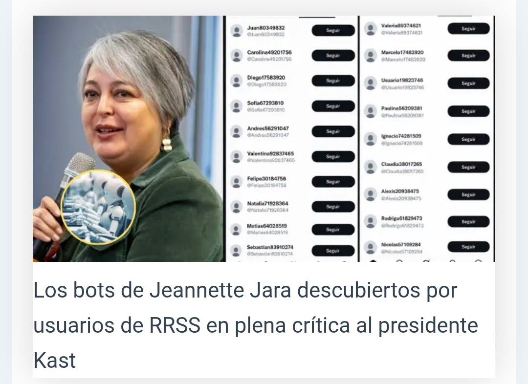 solo_gemma's tweet photo. Revelan cuentas digitales utilizadas durante la campaña presidencial de @jeannette_jara Su equipo impulsó los perfiles Bots @tia_jeannette “la.jaraneta” “jeannetteposting” “Agarra la pala”, destinadas a movilizar voluntarios y amplificar contenidos en RRSS. #KastChileEstáContigo https://t.co/tDGBF32x9c