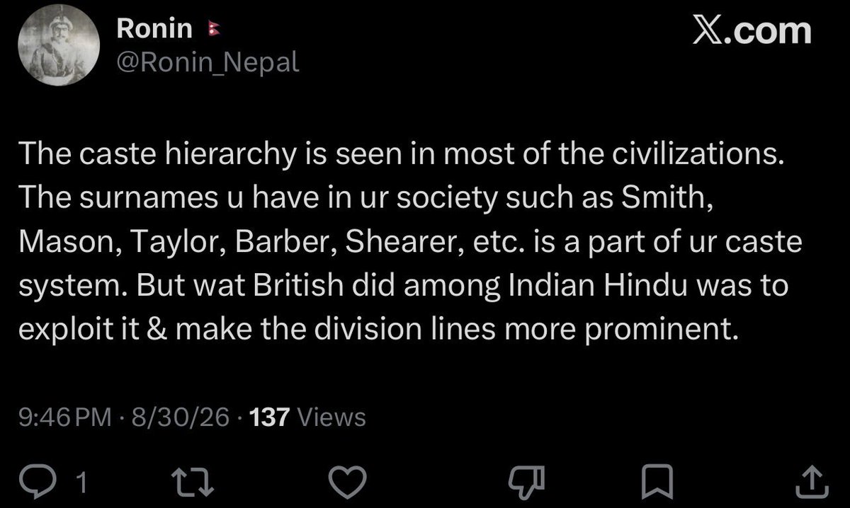 IzzatStatus's tweet photo. Indians grow up in the caste system and many cannot understand how civilizations function without it. It’s like a worker ant colony. They are regularly trying to pattern their caste system onto other societies where it makes no sense. https://t.co/mNGQcKgfAH