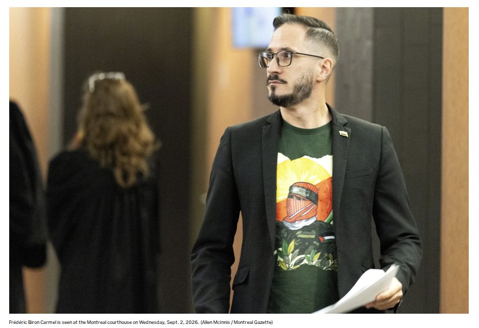 terrynewman's tweet photo. How bad are things in Montreal? A guy who set fire to an Israel flag in the Jewish neighbourhood of Hampstead defended himself in court wearing a t-shirt with what looks like a Hamas fighter on it. That's how bad it is. 
https://t.co/2XWdmKTtxq https://t.co/8ghh7aOS3w