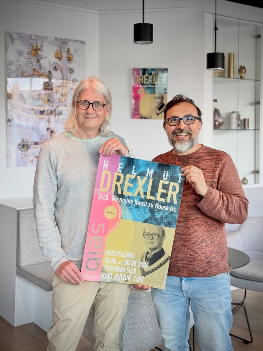 nohelyn's tweet photo. Neue Ausstellung in Selb: Helmut Drexler. SELB. Wo meine Kunst zu Hause ist. 03. 06. –30. 08. 2026. Alexander &amp; Isaak präsentieren das farbenfrohe Ausstellungsposter. Teil der Reihe „600 Jahre Stadtrecht Selb“. https://t.co/6SDAfcSLTS