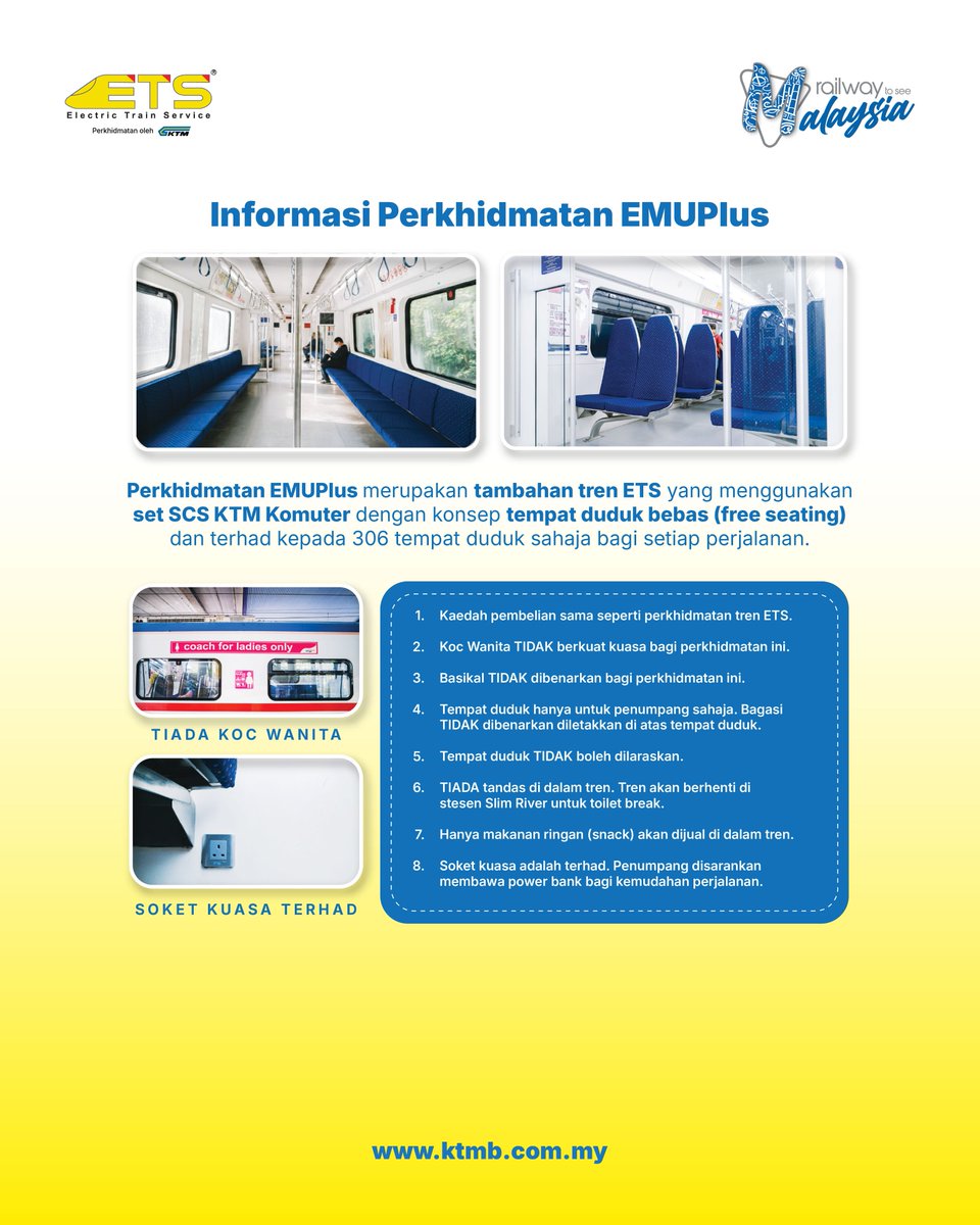 ktm_berhad's tweet photo. Dari Stesen Bandar Tasik Selatan, Jom Naik EMUPlus!

Nikmati kemudahan akses melalui LRT Laluan Sri Petaling, KLIA Transit atau Terminal Bersepadu Selatan (TBS) sebelum meneruskan perjalanan bersama EMUPlus ke Ipoh.

#KTMB #ETS #EMUPlus https://t.co/aMlEy2PXdG