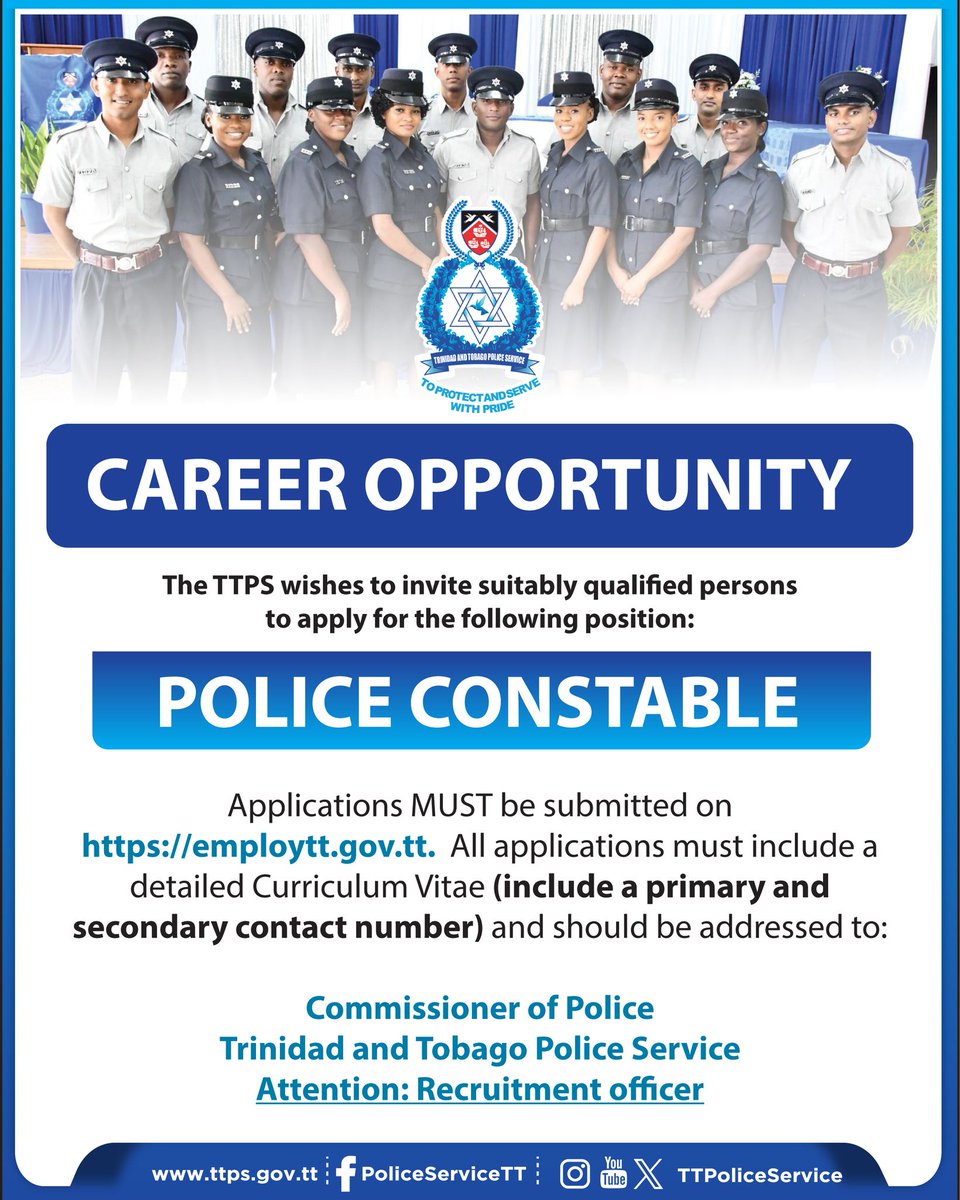 Kakuya924's tweet photo. Career opportunity: The Trinidad and Tobago Police Service invites qualified applicants for Police Constable positions. Applications open on EmployTT at 8:00 a. m. July 6, 2026, and close July 10, 2026, at 11:59 p. m. https://t.co/6icKv0Tmzv