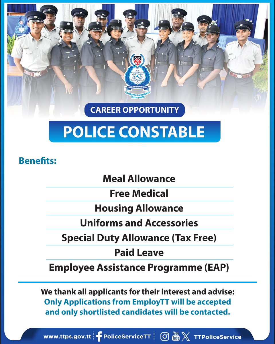 Kakuya924's tweet photo. Career opportunity: The Trinidad and Tobago Police Service invites qualified applicants for Police Constable positions. Applications open on EmployTT at 8:00 a. m. July 6, 2026, and close July 10, 2026, at 11:59 p. m. https://t.co/6icKv0Tmzv