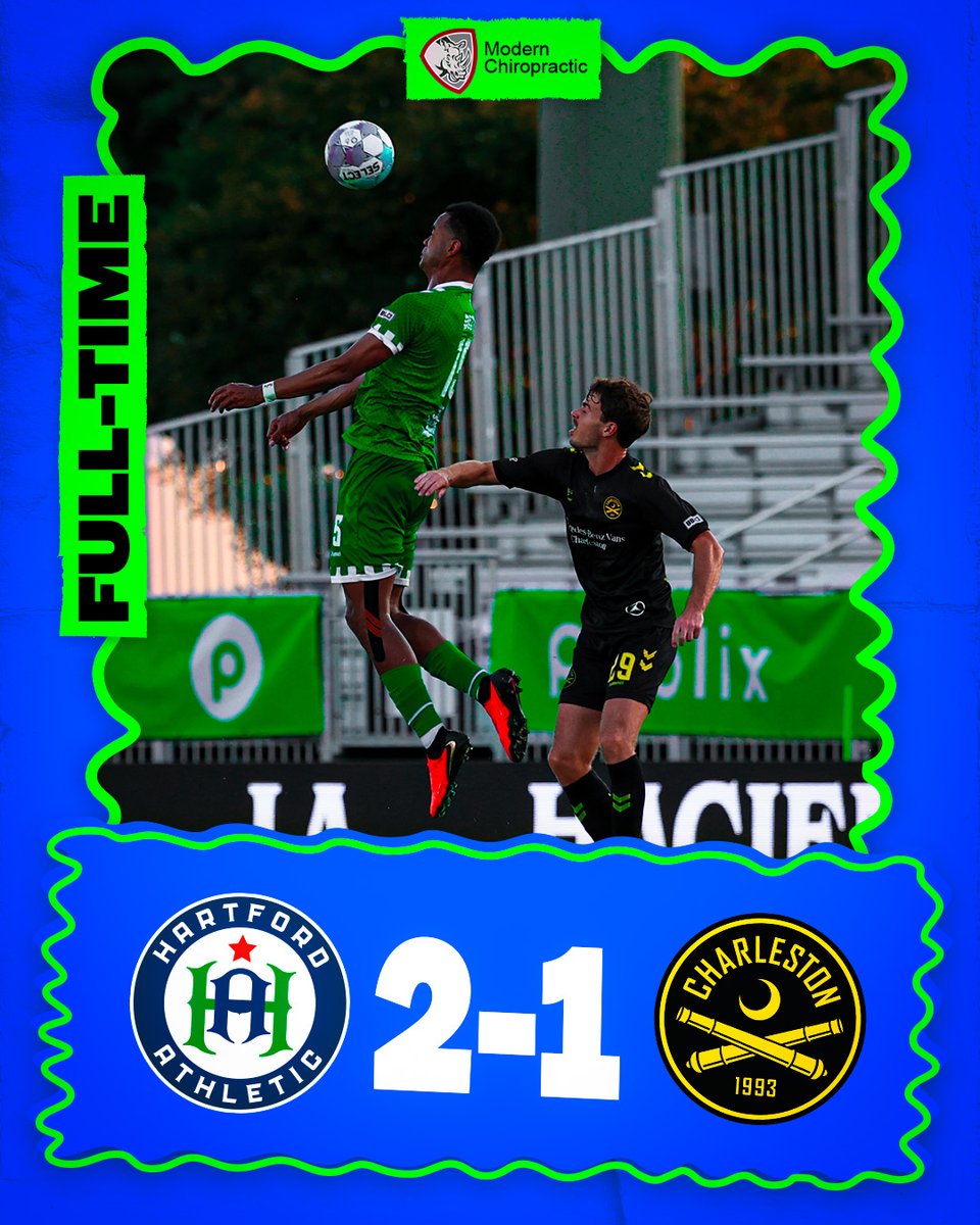hfdathletic's tweet photo. BOYS ARE BUZZIN' NOW 🐝

That's another crucial @USLChampionship win for Hartford against one of the East's top teams!

VAMOS, ATHLETIC! 🟢 🔵

Modern Chiropractic Newington

#PlayLoud #HFDvsCHS #USLChampionship https://t.co/l4x5go0Iw6