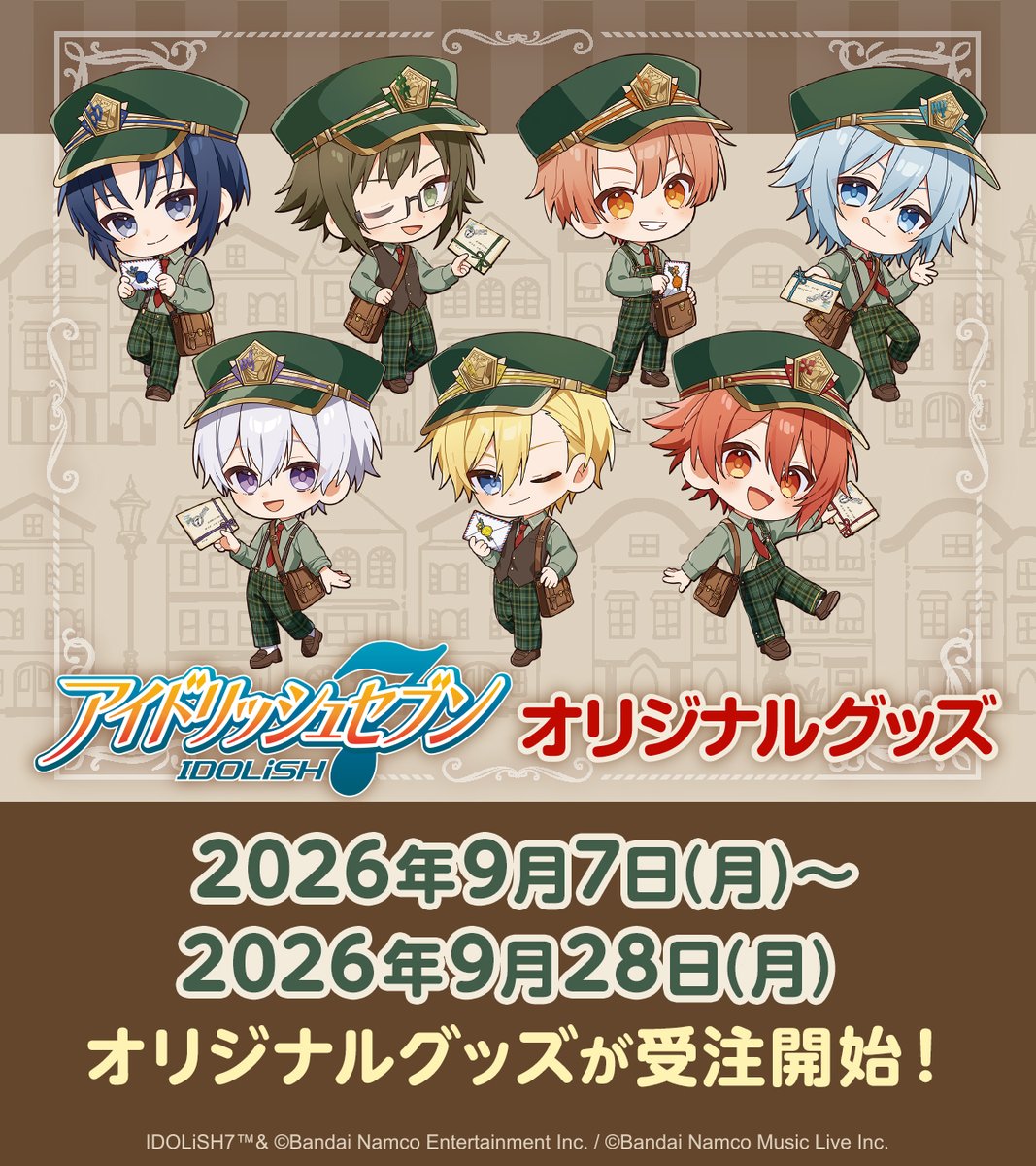anymyplay's tweet photo. 『アイドリッシュセブン』より、IDOLiSH7の7名のオリジナルグッズが、「郵便局のネットショップ」にて受注開始！

配達員風の衣装は今回の企画限定のオリジナル衣装♪

受注期間:2026年9月7日（月）～2026年9月28日（月）
 
詳細はこちら
▶https://t.co/1hOSqxvInc
#アイナナ https://t.co/r5ocrrp9ZN