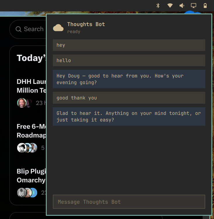 HouseOfTheHoly2's tweet photo. Built myself a Grok Bot desktop pet plug in. super + control + down arrow drops him down from the top bar, click on him to chat and ask him to build more stuff for me @dhh @JWWeatherman_ living in the Diamond Age here. https://t.co/3MAoBJ5cjl