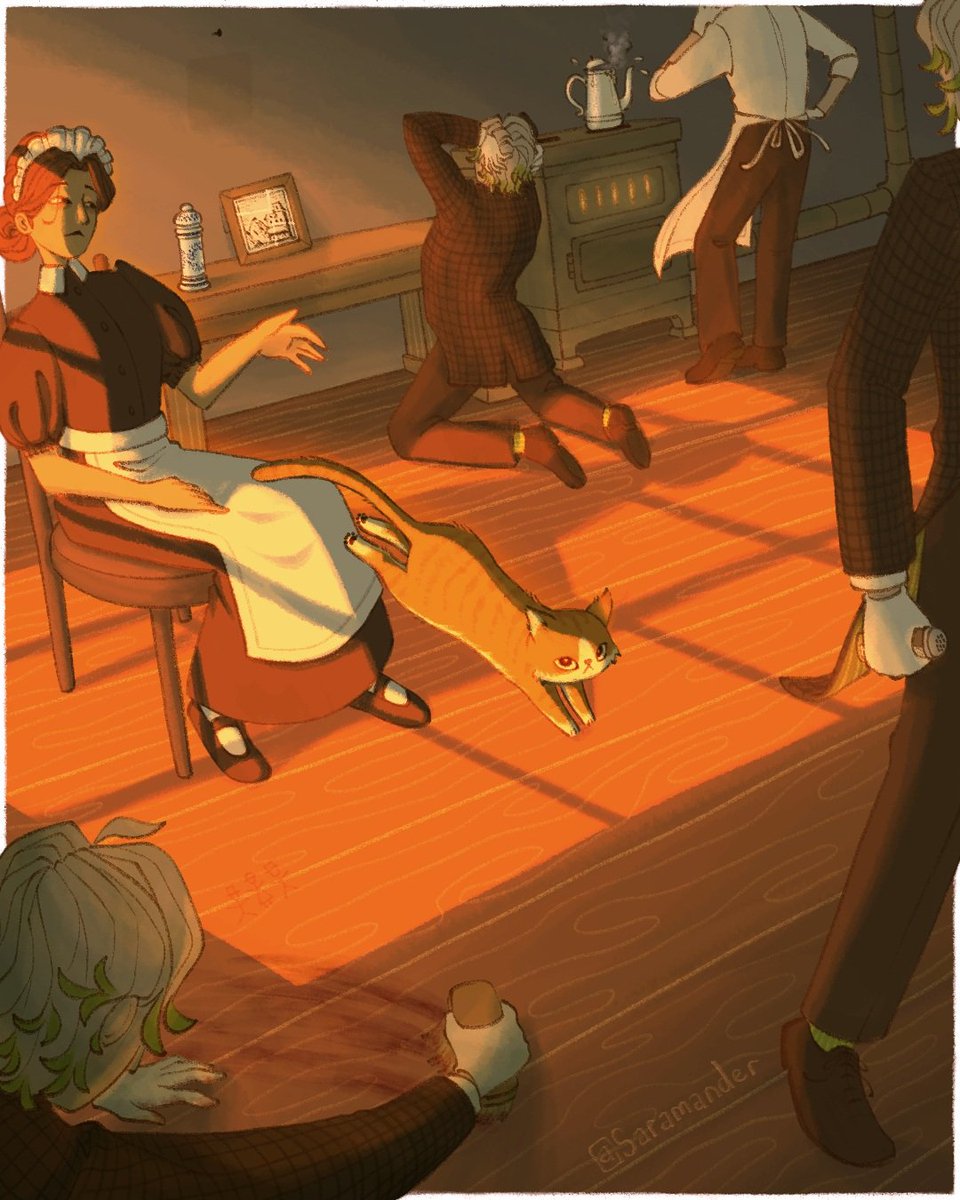 saramander416's tweet photo. There's a lot a Servant can do in the span of 3 days. Chores include making tea, dusting paintings, scrubbing floors and looking for Rustie.
.
.
.
.
.
#rustylake #servantofthelake #fanartfriday https://t.co/e2fZ664JVR