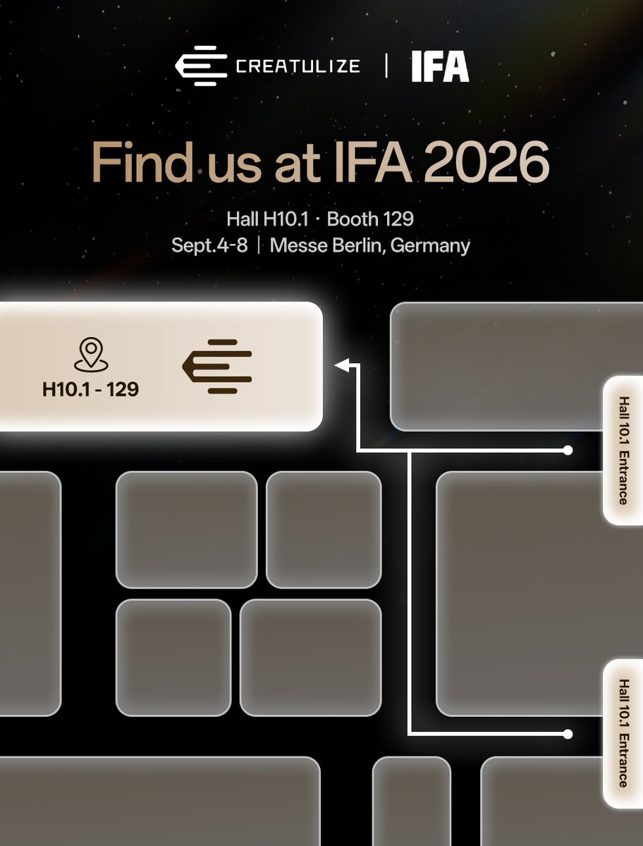 CREATULIZE's tweet photo. Find us at IFA 2026! 📍
Visit Creatulize and discover the X1 and X1 Pro up close.
📍 Hall H10.1 · Booth 129
📅 September 4–8 · Messe Berlin
See you there!
#Creatulize #IFA2026 #IFABerlin https://t.co/urxZbFUemK