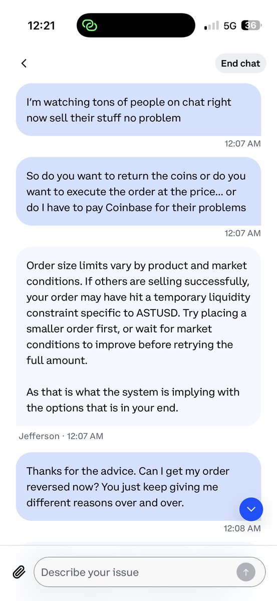 gethoodled's tweet photo. Pt 2 @coinbase then I’m told that there is a 12% margin for slippage and my order size was also too large. You’ll also see about eight different excuses, all copy paste and sent to me in about 10 seconds. This is an example of Coinbase tactics to use anything to take your money. https://t.co/JazG8C3gx0
