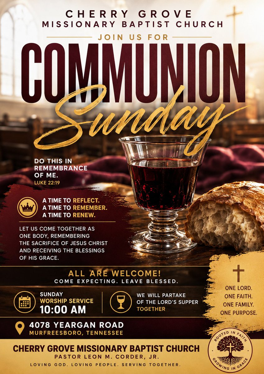 lcorder824's tweet photo. Cherry Grove Missionary Baptist Church warmly invites you, your family, and your friends to worship with us this Sunday as we gather around the Lord’s Table.

Cherry Grove Missionary Baptist Church
4078 Yeargan Road | Murfreesboro, TN
Sunday Worship | 10:00 AM https://t.co/rnvWq3jFJ0