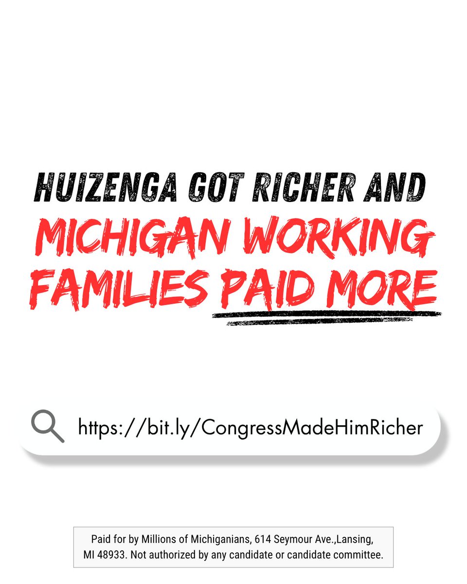 dmclansing's tweet photo. Bill Huizenga’s reported net worth grew from $172,000 when he first entered Congress to about $2.8 million today. Meanwhile, he voted to cut healthcare and food assistance. Who is he working for, exactly? https://t.co/pVaVbOacRn https://t.co/JRvW2qJB4Y