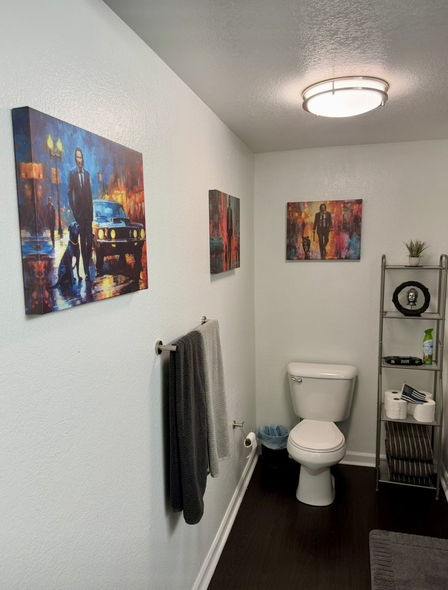 sagewithaflaw's tweet photo. Keanu Reeves fanboy Exhibit A - my bathroom has 3 canvas oil painting prints of John Wick &amp; his dog. #johnwick #doglover https://t.co/wGv3cbZm0S