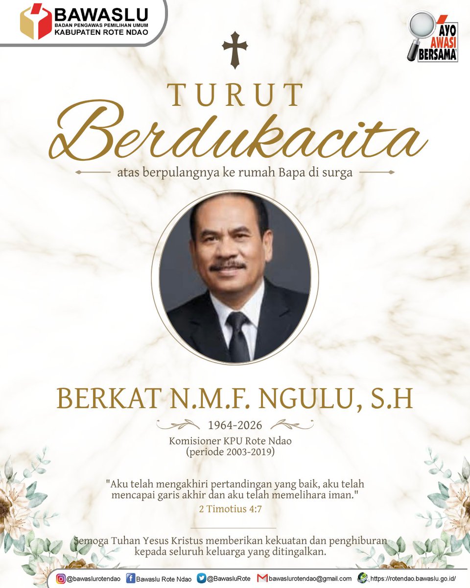 BawasluRote's tweet photo. Keluarga besar Bawaslu Kabupaten Rote Ndao mengucapkan turut berduka cita atas berpulangnya Berkat N.M.F Ngulu, S.H, Komisioner KPU Kabupaten Rote Ndao periode 2003-2019. Semoga keluarga yang ditinggalkan diberi kekuatan serta penghiburan. https://t.co/g5QhmHwoNN