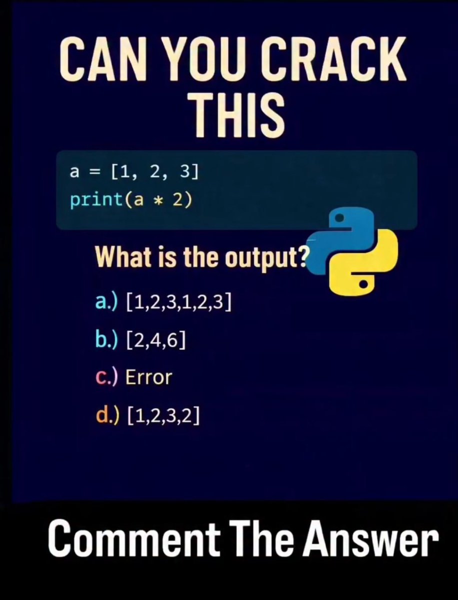 PythonDvz's tweet photo. 🚀 Comment your answer 👇👍⚡

#python #programming #codinglife #developers #pythonquiz #codingquiz #codingchallenge #100DaysOfCode https://t.co/OYAaddZskP
