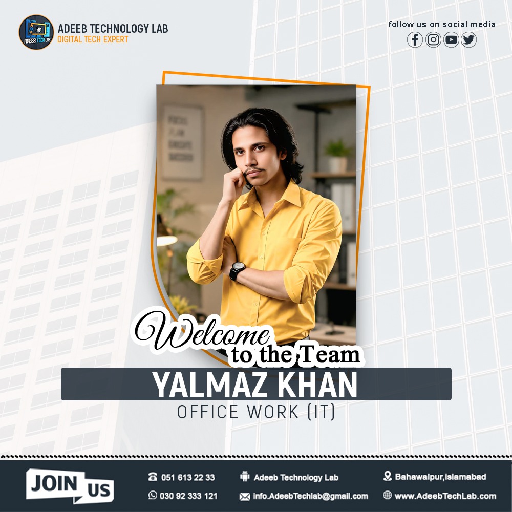 AdeebTechLab's tweet photo. Welcome to the Team – Yalmaz Khan | Adeeb Technology Lab

#AdeebTechnologyLab #WelcomeToTheTeam #YalmazKhan #OfficeWork #IT #NewTeamMember #WelcomeAboard #TeamAdeeb #DigitalTechExpert #CareerGrowth #ProfessionalGrowth #TechTeam #Bahawalpur #Islamabad https://t.co/6KdeU1WX59