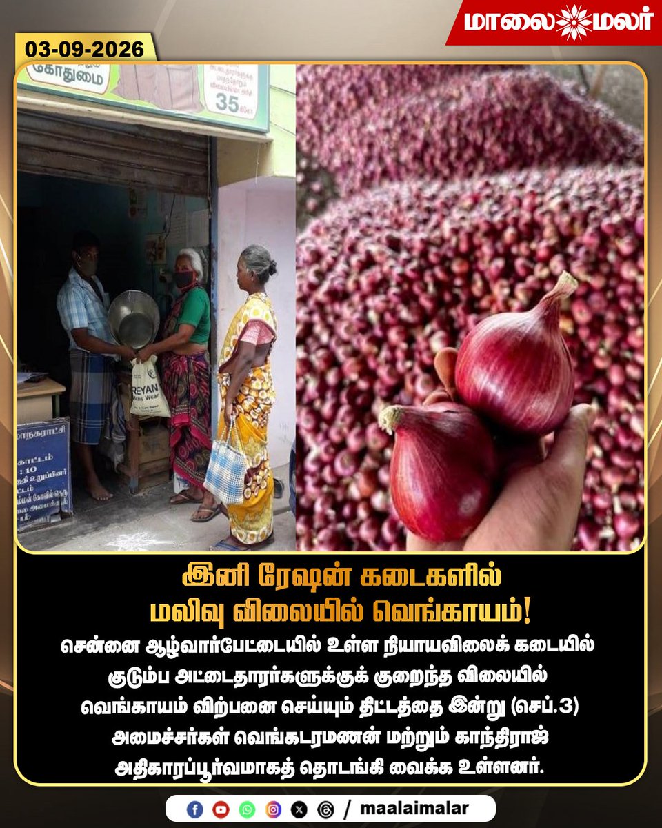 maalaimalar's tweet photo. இனி ரேஷன் கடைகளில் மலிவு விலையில் வெங்காயம்!

#RationShop #OnionSale #AffordableOnions #LowPriceOnions #TamilNaduGovernment #TamilNaduNews #ChennaiNews #Aalwarpet #RationCardHolders #PublicDistributionSystem #PDS #EssentialCommodities #OnionPrice #AffordablePrices #TamilNews #BreakingNews #Maalaimalar