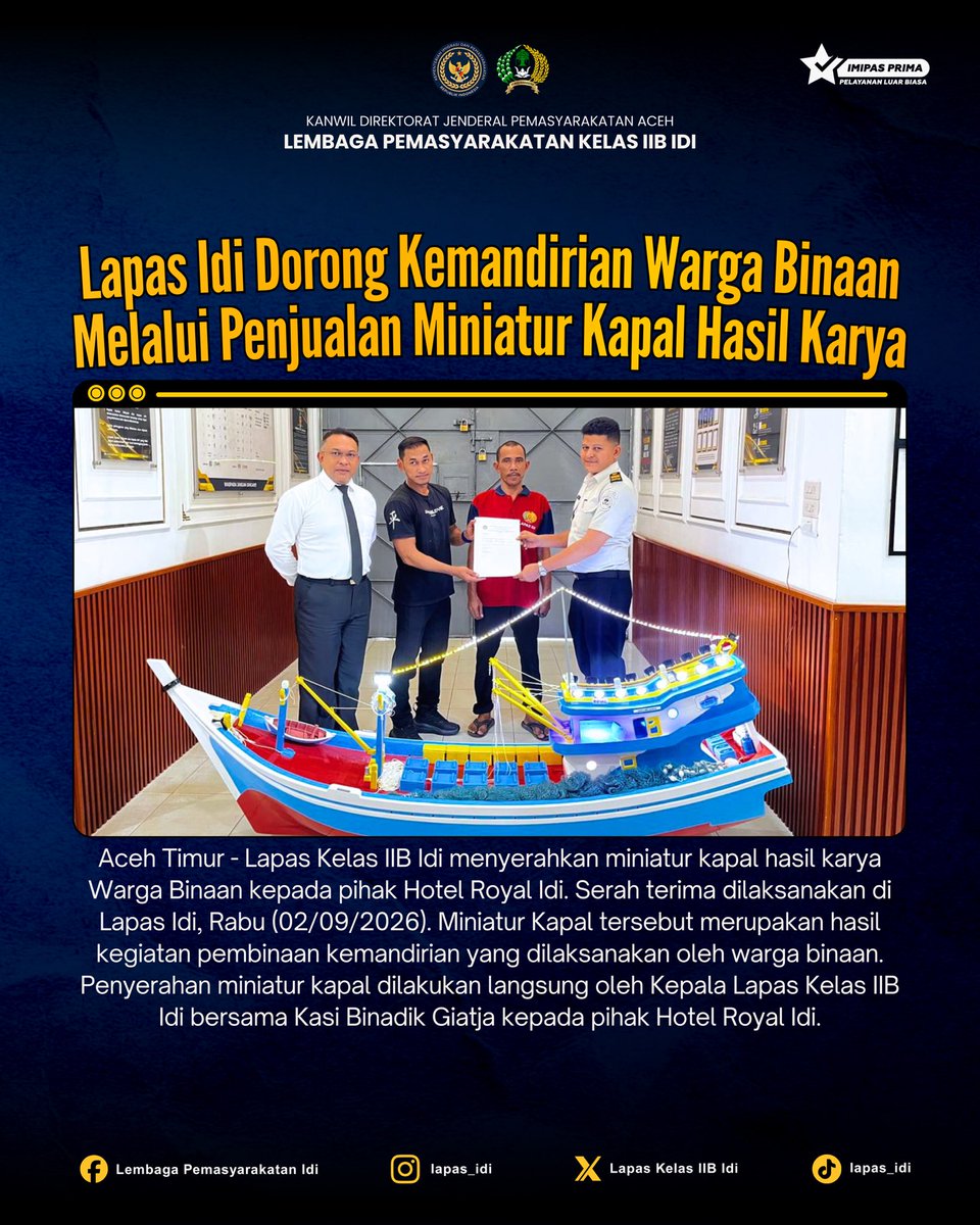lapas_idi's tweet photo. Lapas Idi Dorong Kemandirian Warga Binaan melalui Penjualan Miniatur Kapal Hasil Karya

#KemenimipasRI
#Ditjenpas
#Kanwilaceh
#Lapasidi https://t.co/ut4eS6b41G