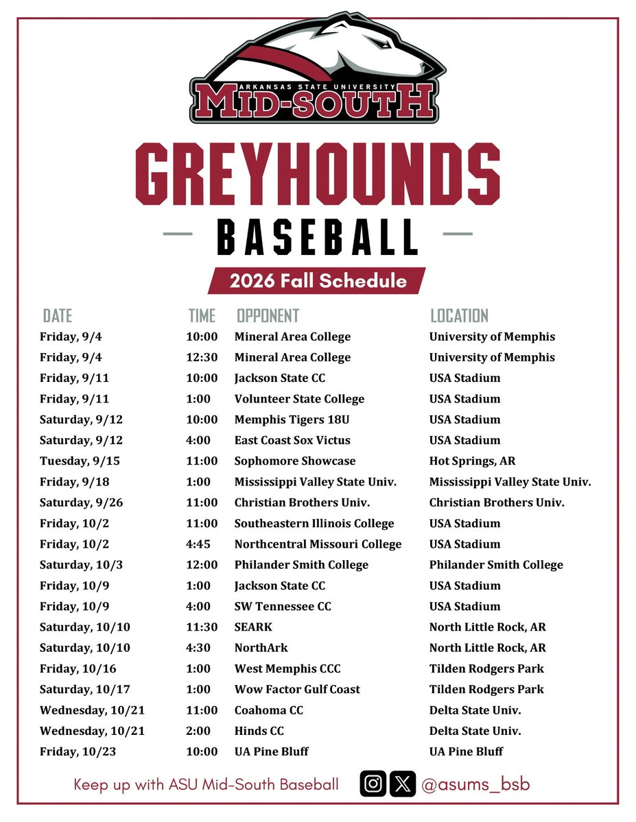 asums_bsb's tweet photo. 2026 Fall Schedule. Come out and cheer on the Greyhounds!
#GreyhoundNation #DirtyDawgs https://t.co/zdpqesfwxO