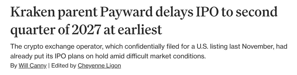 Callatran80's tweet photo. 🔥Kraken parent Payward has delayed its IPO to the second quarter of 2027 at the earliest, citing two people familiar with the matter. Payward confidentially filed a draft S-1 registration statement with the SEC in November 2025 https://t.co/q38prvUqb2