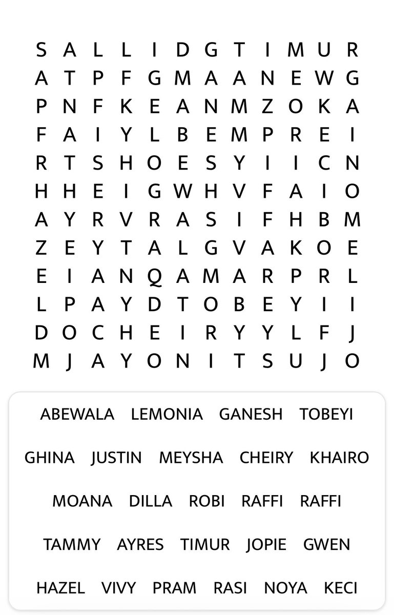 SEBINmate's tweet photo. Selamat oagi, kali ini main word search tapi harus cari nama summermates dan host ya!! (Preview terlampir). Gak harus dikerjain semua, salah satu ajaaa. Cocok dimainin pas nam rawan ngantuk. 🫩

🔗 : s .id / fVMN3 
         s .id / XskMB 

Have fun!! https://t.co/nkrIUKlmab