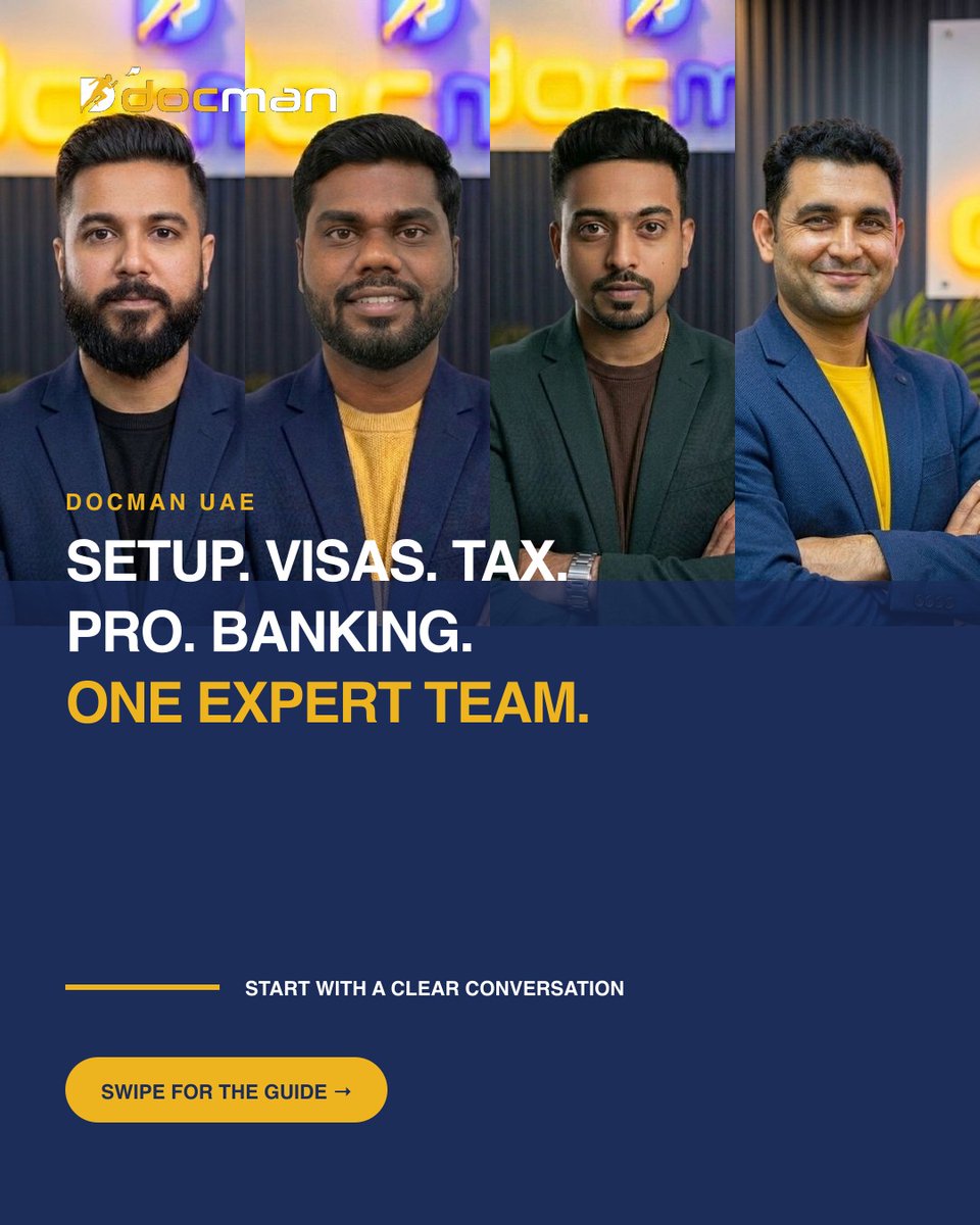 teESTOYsiguiend's tweet photo. One expert team for every moving part of your UAE business: setup, visas, corporate tax, PRO services, and banking support. Clear coordination from the first conversation onward. Ready to move forward? Speak with Docman. https://t.co/dCbAidx28E
