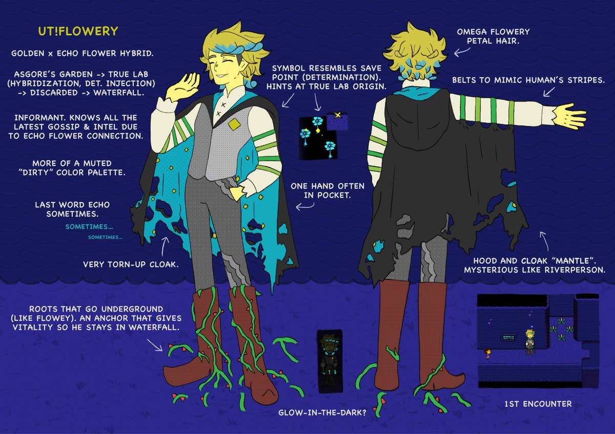 CaveboyScout's tweet photo. What if Flowery was in Undertale? 🌼
You encounter him at Waterfall’s bridge puzzle.

I’ve never done an AU before, so designing everything and coming up with all the backstory/lore was fun. 

#Flowery #Deltarune #UTFloweryAU https://t.co/uoGsLM7W7e