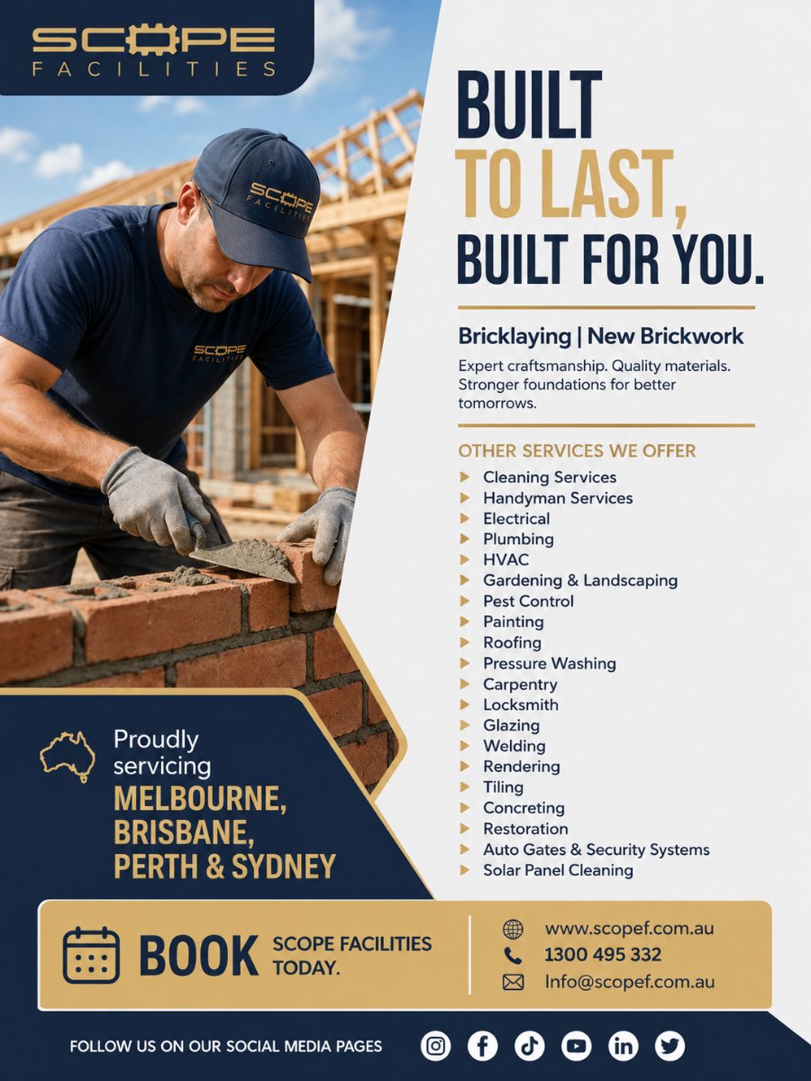 au_scope's tweet photo. Solid foundations, flawless finishes.
Planning a new build or wall renovation?
Get in Touch with Scope Facilities
#ScopeFacilities #Bricklaying #NewBrickwork #MasonryWork #ConstructionAU #PropertyMaintenance #FacilityServices #CommercialBuilding #StrataMaintenance https://t.co/zJMIGyGFPn