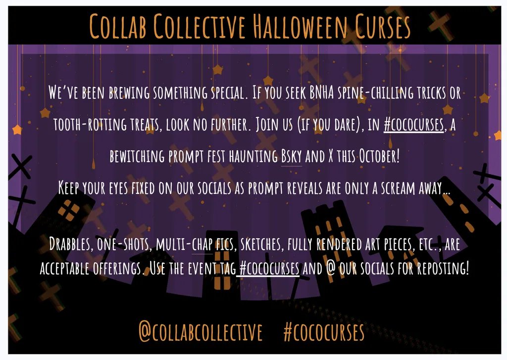 bnhacollabco's tweet photo. Boos &amp; ghouls, ghoulfriends &amp; monsters! Have we got a treat in store for you, or is it a trick? Won't you come join us to find out?! #BNHA #CollabCollective #CocoCurses https://t.co/fgPfzDd9Jg