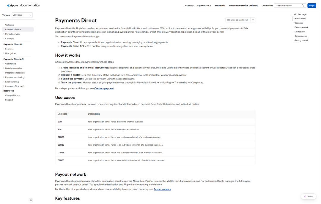 JClaverno's tweet photo. Ripple Payments Direct and its payout network are documented in Ripple's own product docs, covering how payouts route through the platform. That's the underlying payment infrastructure Ripple has published specs for, not a marketing claim. https://t.co/jwG7Z99HI8